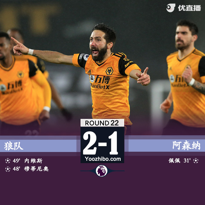 阿森纳1-2狼队 佩佩破门难救主路易斯莱诺染红