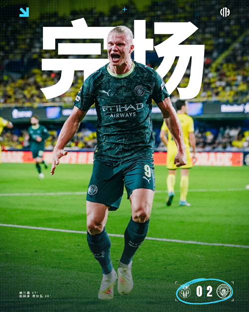 欧冠：曼城2-0比利亚雷亚尔 哈兰德连续12场进球