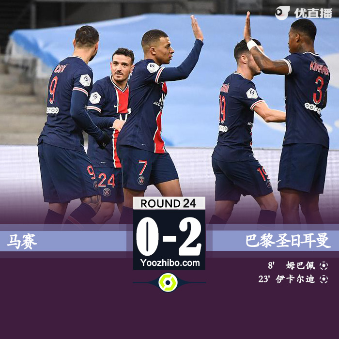 巴黎圣日耳曼2-0马赛 姆巴佩单刀破门伊卡尔迪神仙球