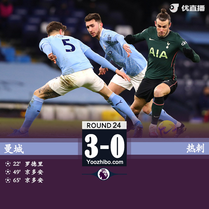 曼城3-0热刺 京多安梅开二度后伤退罗德里点射