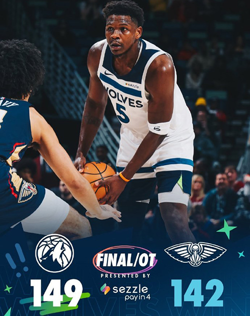 森林狼149-142加时险胜鹈鹕，华子44分，戈贝尔26+13，墨菲33+15