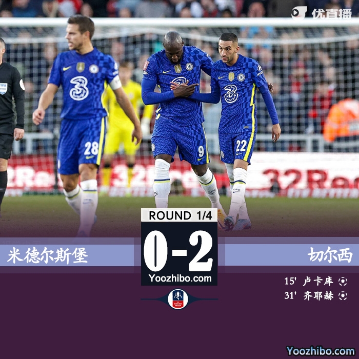 切尔西2-0米堡  卢卡库破门齐耶赫远射建功