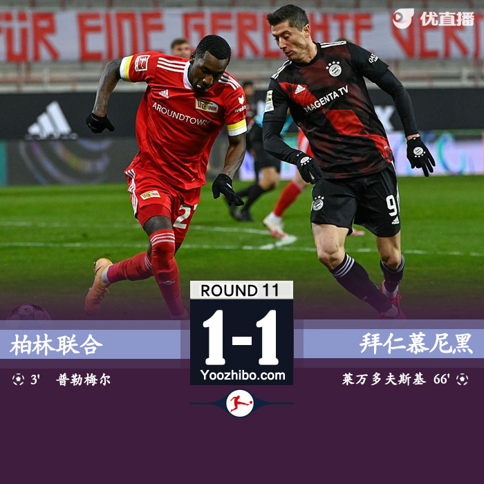 德甲简报：拜仁1-1柏林联 科曼一条龙送助攻莱万救主
